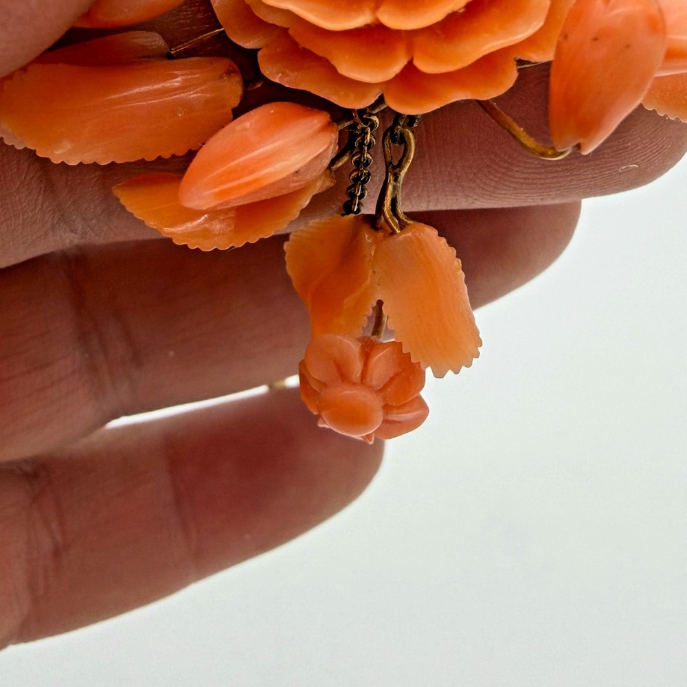 Antique Victorian Gold Angel Skin Coral Floral Bouquet Brooch C Clasp Dangle - Picture 10 of 16